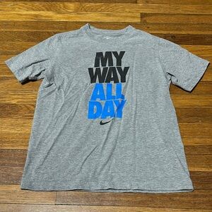 Nike Boy’s Gray T-Shirt with Black and Blue Graphic, Large